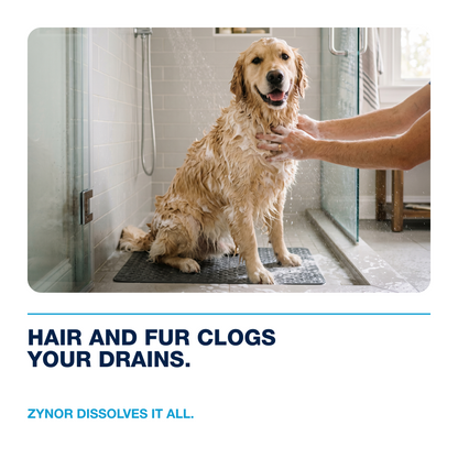 ZYNOR dissolves pet and human hair clogs in bathroom drains